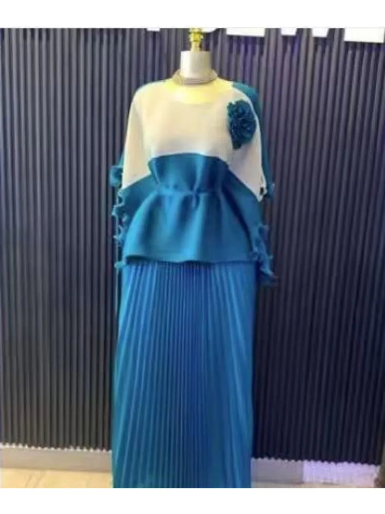 2025 New Casual Suit Women's Two-piece Set Miyake Pleated Skirt + Color Matching Top Loose Long Skirt Set