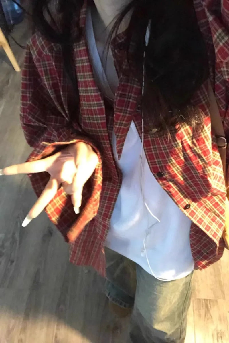 Red Plaid Loose Long Sve irt Women's Spring 2026 New Lazy Sle Coat Top Commute Pattern Button oulder Drop Length