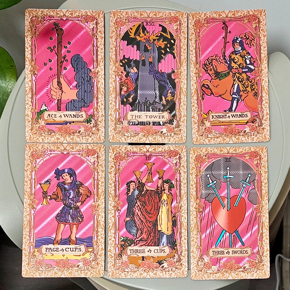 Pink & Rose Gold Foil Tarot Cards 78-Card Deck with Box Waterproof Durable PET Plastic Tarot 12x7cm