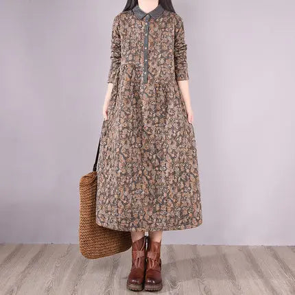 Retro Cotton Linen Long Dr Large Size Women's Faion Warmth irt A-Line Skirt Floral Print Comfortable Loose Fit