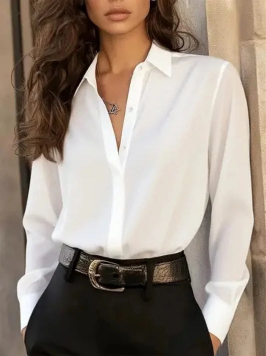 Women's Long Sleeve Button Down Blouse - Elegant Office Chic Top with Classic Collar & Versatile Style