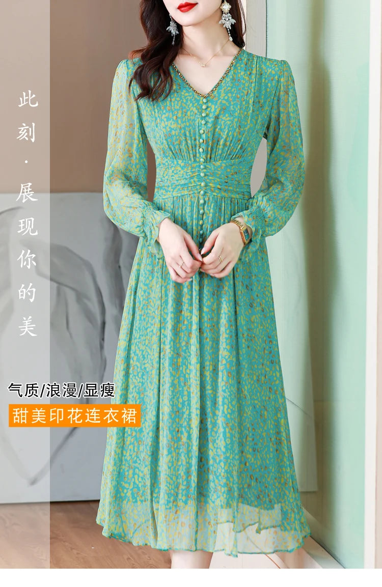 Spring Summer Green Floral Silk Long Dress Women Fashion Casual Holiday Beach Dress 2024 Korean Elegant Luxury Dance Party Dress