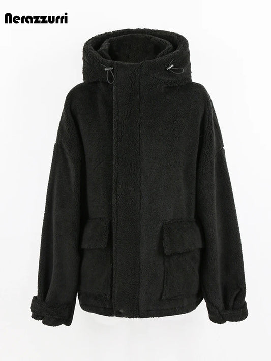 Nerazzurri Autumn Winter Oversized Black Warm Faux Fur Coat Women with Drawstring Hood Long Sleeve Zip Up Fluffy Jacket Menswear