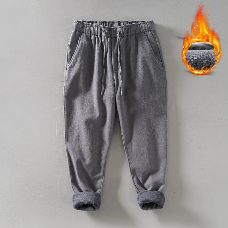 Men's Winter Fleece Lined Warm Casual Pants Loose Cotton Linen Straight Leg Trousers Youth Fashion Long Trousers Cotton 70% L...