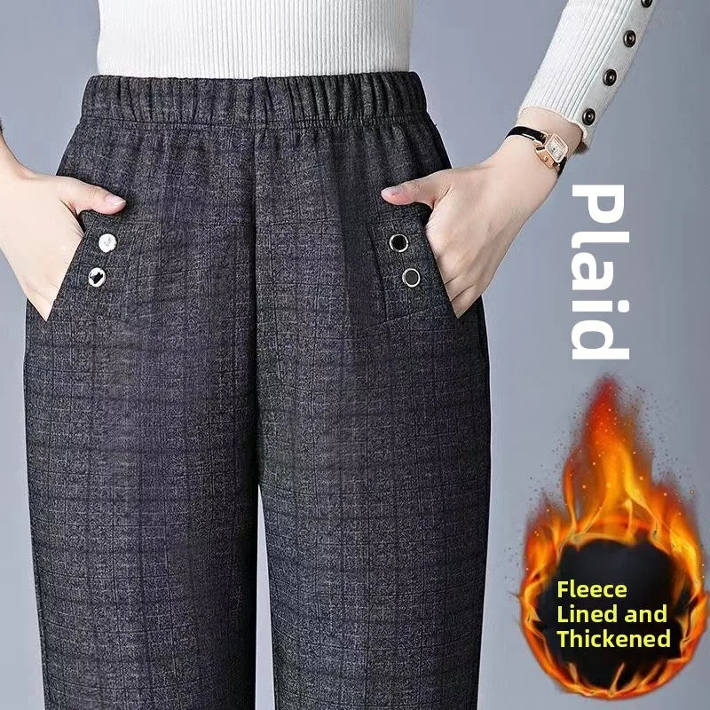 Women's Fleece Lined Loose Straight Leg Elastic Waist Casual Pants Thickened Autumn Winter New Style Cotton Sheepskin Velvet