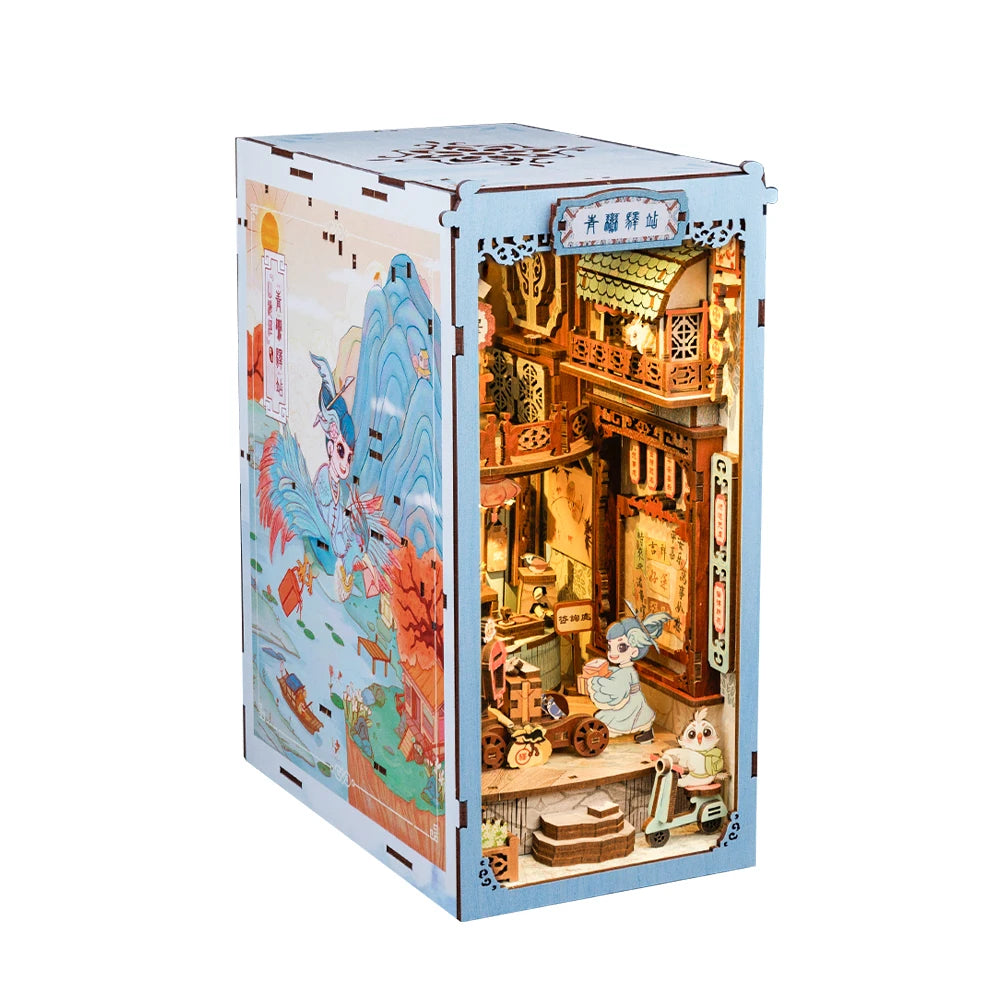 CUTEBEE DIY Book Nook Doll House with LED Light Dust Cover Bookshelf Insert Decoration Model For Birthday Gift Eternal Bookstore
