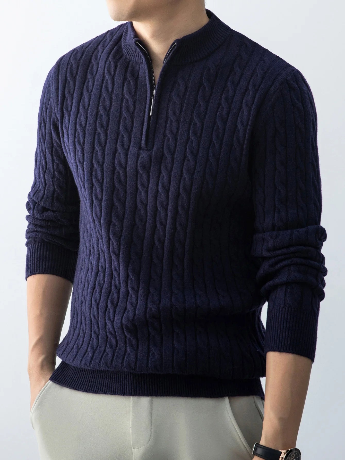 Autumn Winter For Men's Twisted Sweater Wool Knitted Half Open Zipper Half High School Round Neck Stand-up Collar Thickened Top