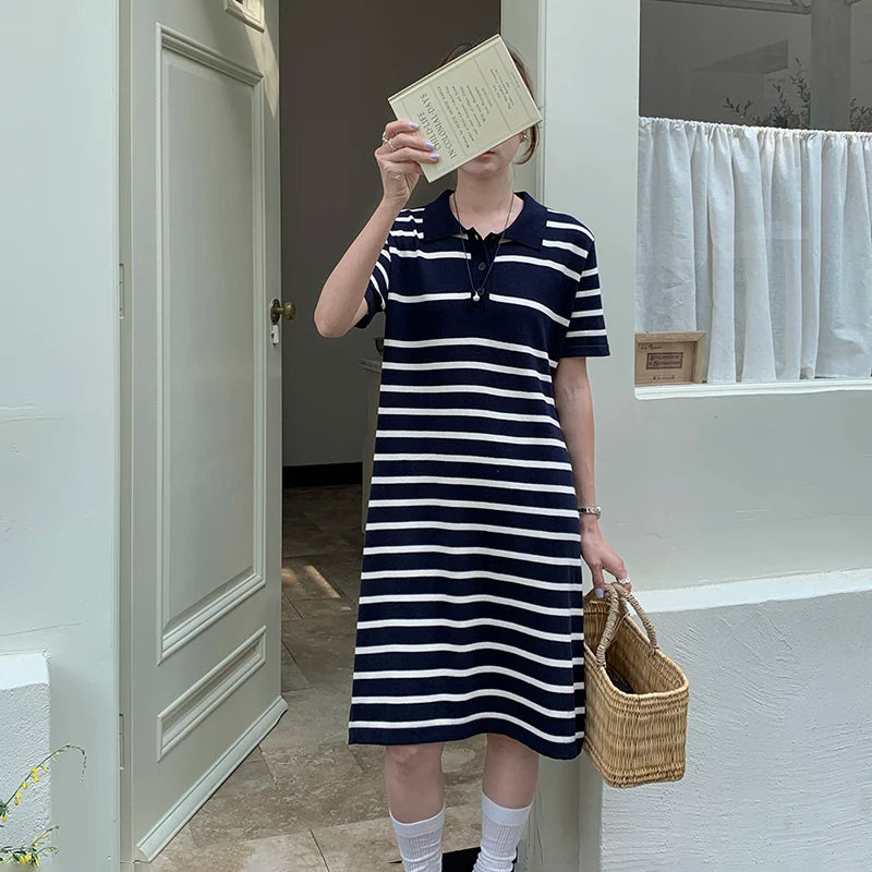 new Korean striped dress for women's summer, pure cotton straight tube mid length skirt