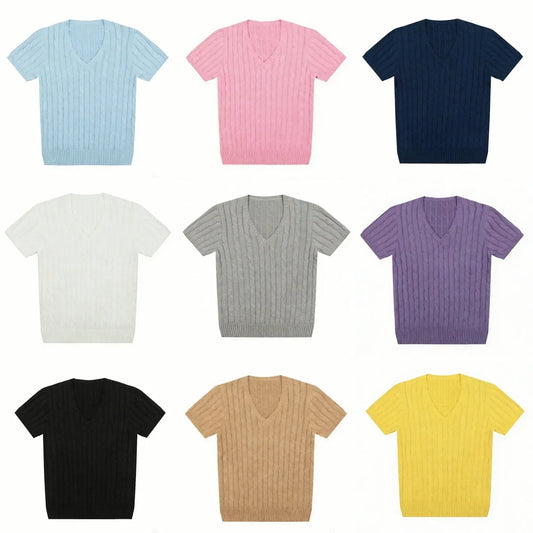 women's t-shirts and polos old money v neck t shirt woman solid color embroidered knitted Women's t shirt Women's polo shirt