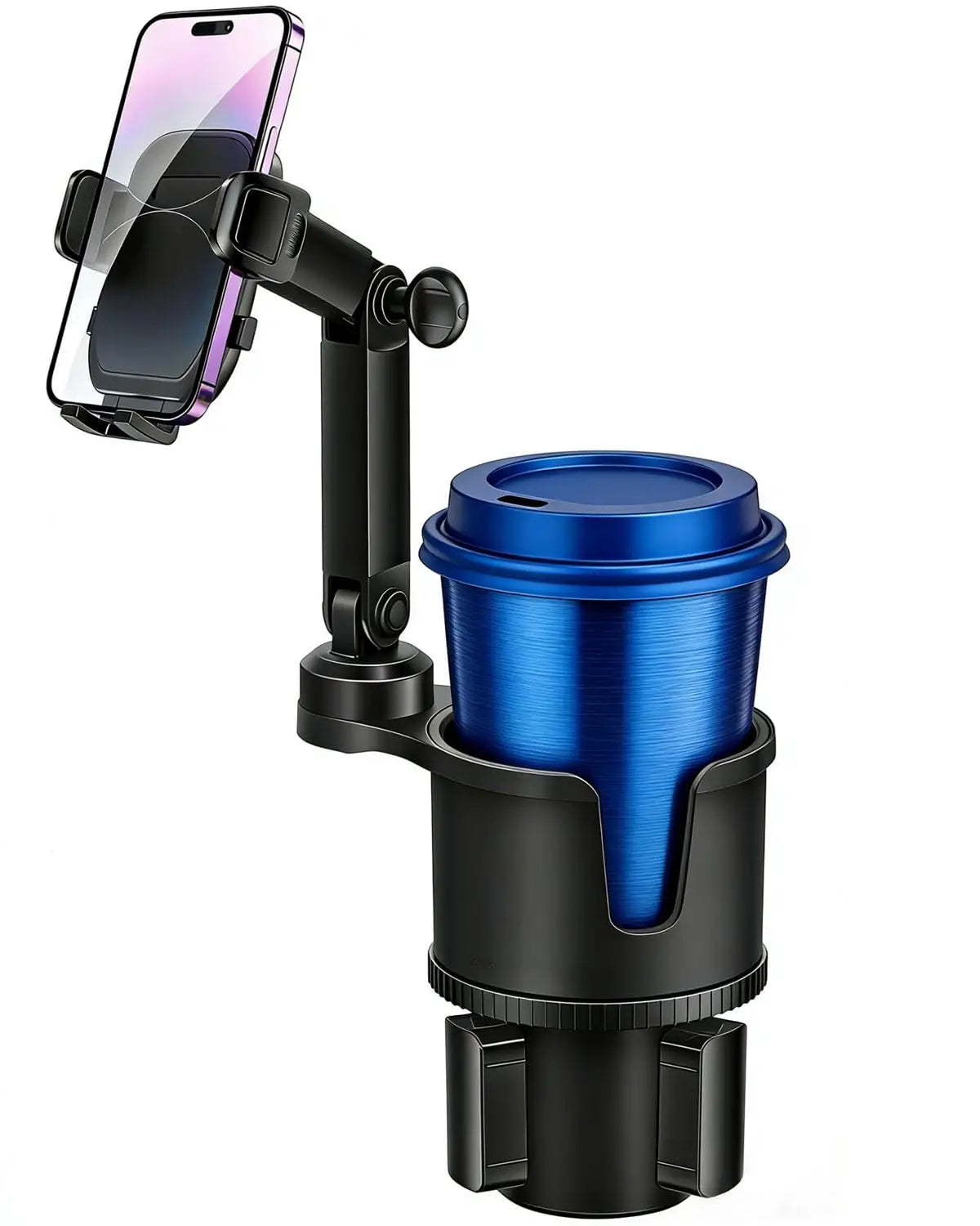 Cup Phone Holder for Car, 2 in 1 Height-Adjustable Dual Cell Phone Holders Car Cupholder Mount, Fit Large Bottle & All Cellphone