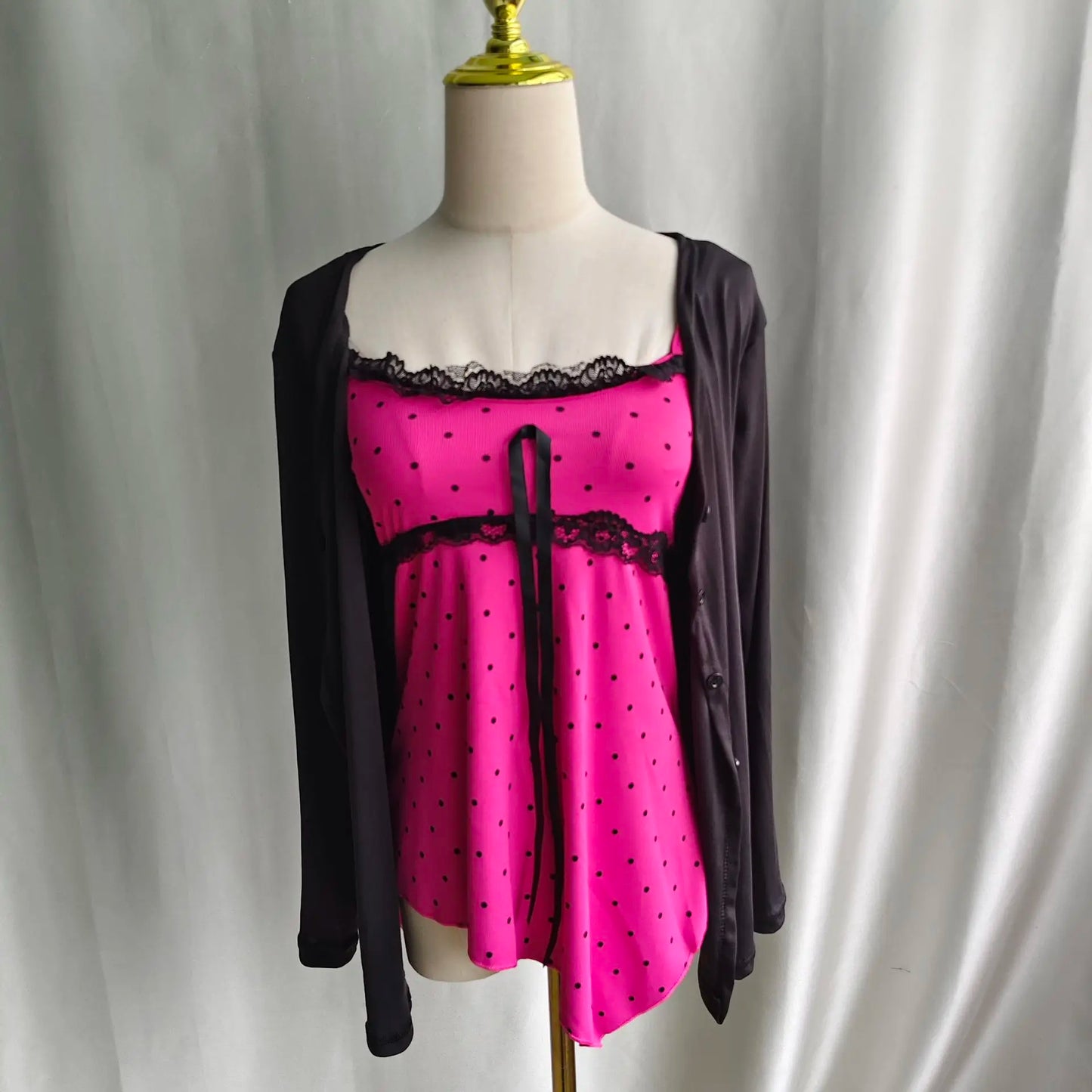 Kimotimo Vintage Cute Polka Dot Camisole Vest Women Japanese Y2k Aesthetic Spliced Lace Tanks Sweet Versatile Sleeveless Tops