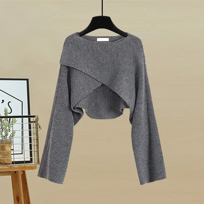 Spring and Autumn Set Women's 2023 New Korean Fashion Cross Knitted Sweater Age Reducing Sling Dress Two Piece Set