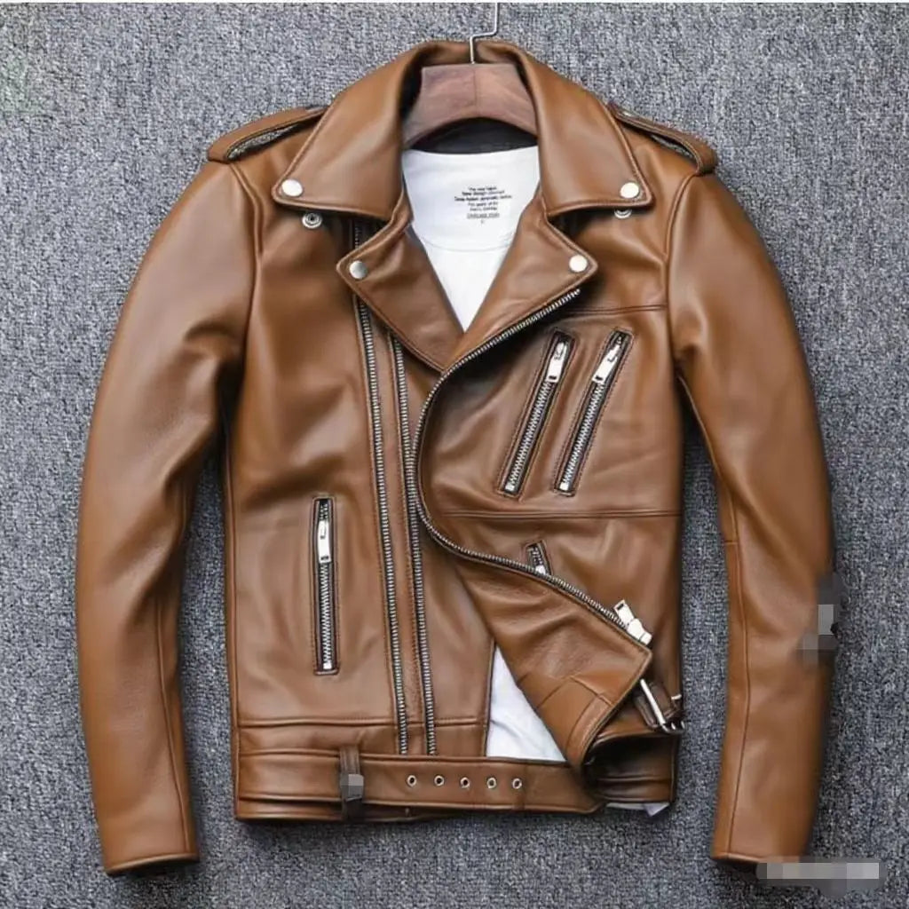 Winter and Autumn Men's Oversized Button-down PU Leather Coat with Multiple Zippers Polo Jacket, with Many Zippers Mens Jacket