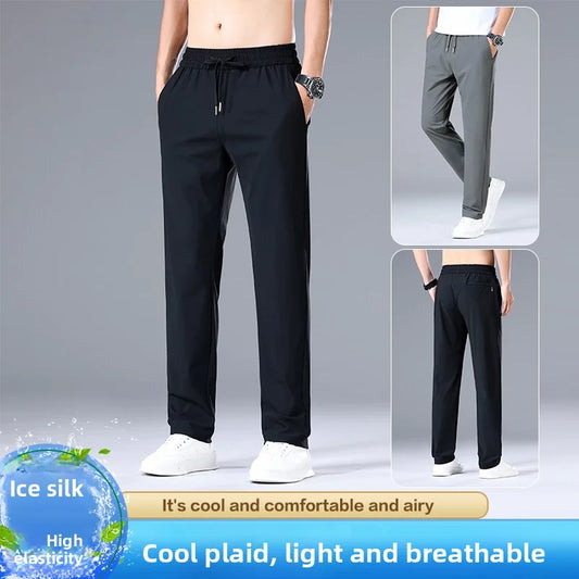 High Quality Ice Silk Stretch New Brand Casual Fashion Elastic Strappy Long Pants Street Style Pencil Teens Trousers Men Clothes