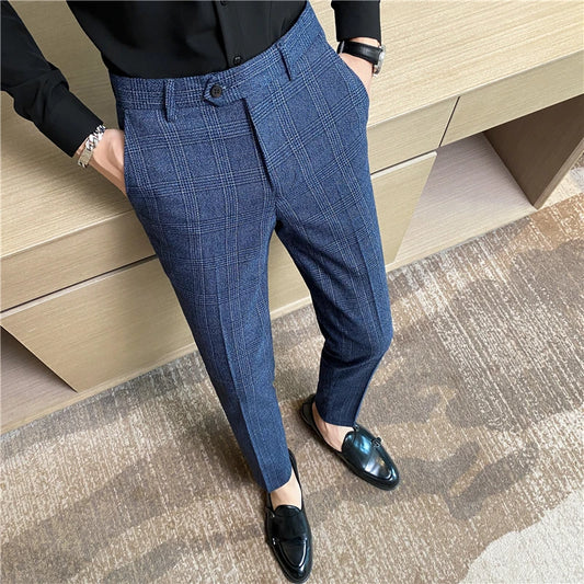 【 High Quality 】 Light Mature Style Spring and Autumn Checked Fashion Long Pants for Men, Trendy Business Casual Little Dress Pa
