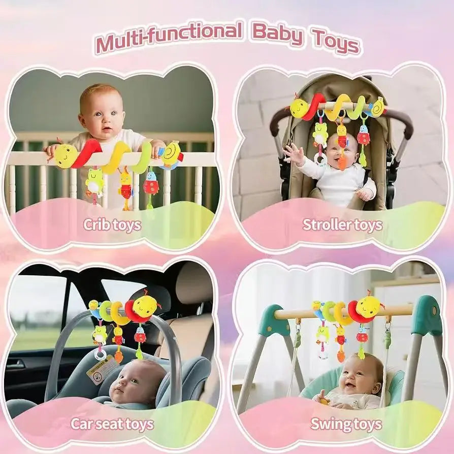 Baby Spiral Stroller Hanging Toy,Soft Plush Animal Rattle with detachable Teether&Mirror,Infant Car Seat Sensory Activity Toy