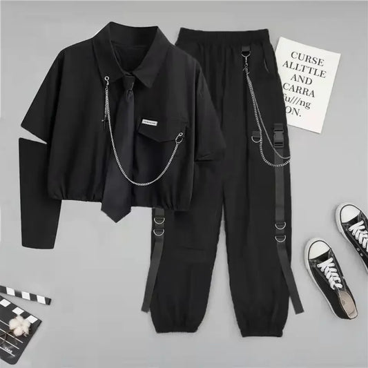 2 Two Piece Sets Outifits For Women New Suit Female Student Korean Loose Long Sleeve Shirt + High Waist Cargo Pants Joggers