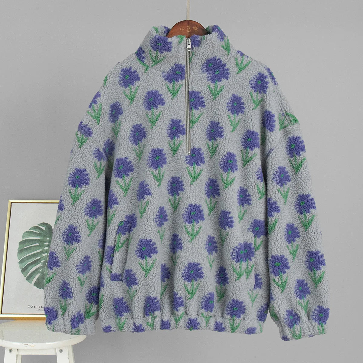 Women's Autumn Winter New Fleece Jacquard Sweatshirt Half Zip Loose Hoodies High Neck Sweatshirt