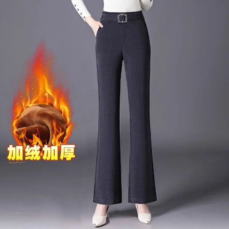 plus Size Flared Pants for Women Autumn Winter Fce Lined Casual High Waist Nine Points ket Pants for Middle-Aged Mothers