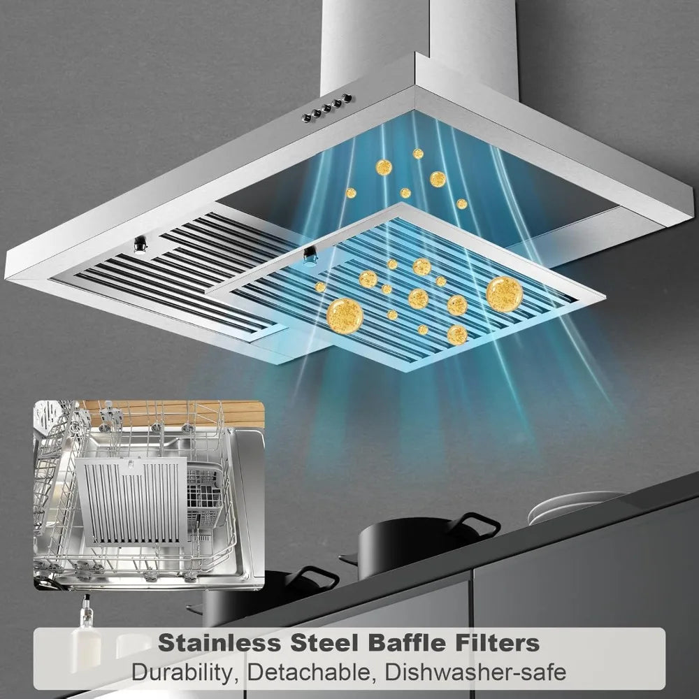 30 inch Wall Mount Range Hood, Ducted/Ductless Kitchen Hood, Stainless Steel, Baffle Filters, 3 Speed Fan, Push Button Control, LED Light