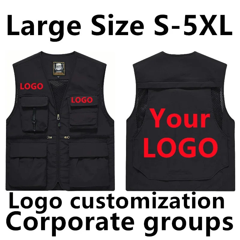 DIY Logo Custom Work Vest Multi Pocket Sleeveless Jacket Camping Big Size Men's Clothes Plus Outerwear MAN Workwear LeisureY