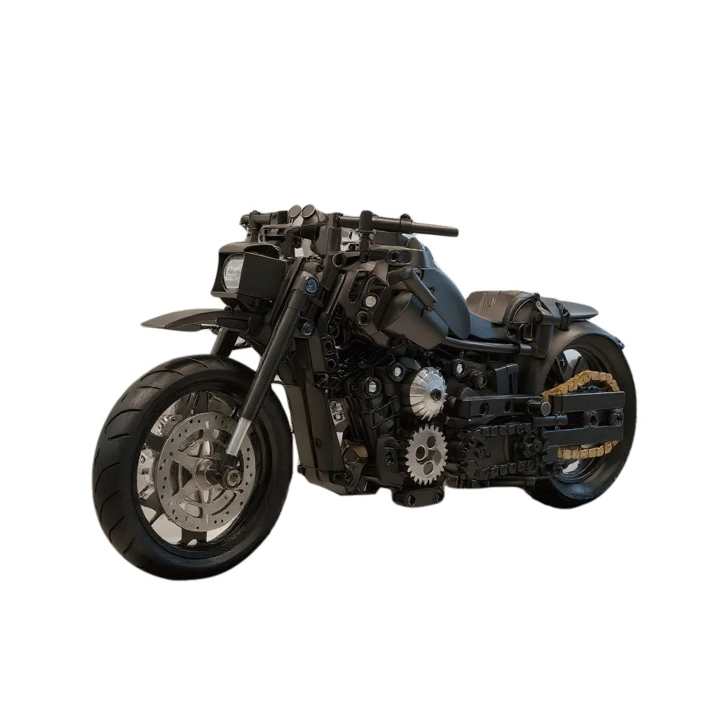 A set of assembled building blocks for a black, retro-style motorcycle toy, perfect for motorcycle enthusiasts as a gift.