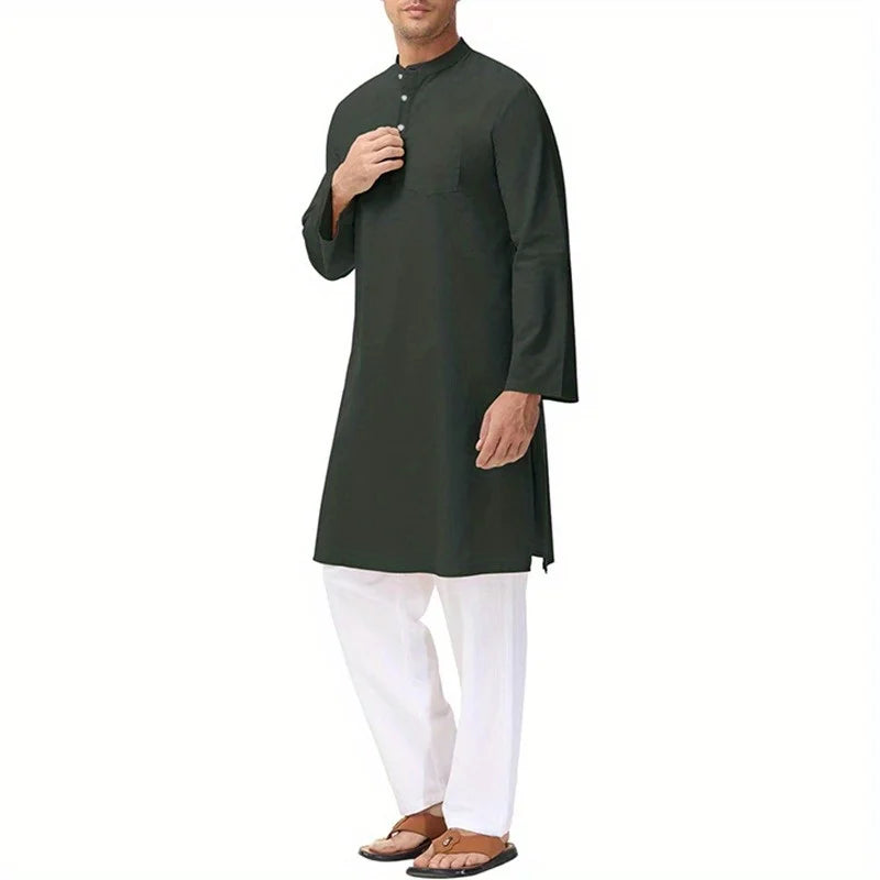 Mens Cotton Ethnic Long Sleeve Robe Side Slit Button Up Henley Shirt Traditional Outfit