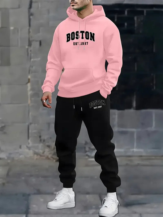 Men's Velvet Thickened Sports Set New York Letter Printed Spring and Autumn Hoodie Set Long Sleeve Casual Comfortable Pocket Hoo