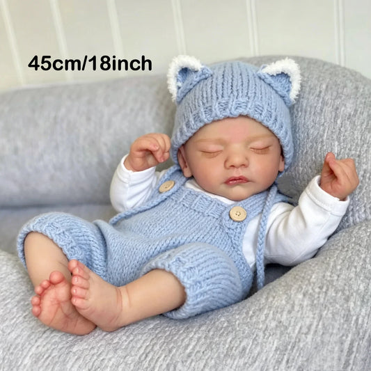 BZDOLL 45CM Cute Sleeping Reborn Baby, 18inch Cloth Body with Vinyl Limbs, 3D-Skin & Visible Veins, Kid Toy & Art Collection