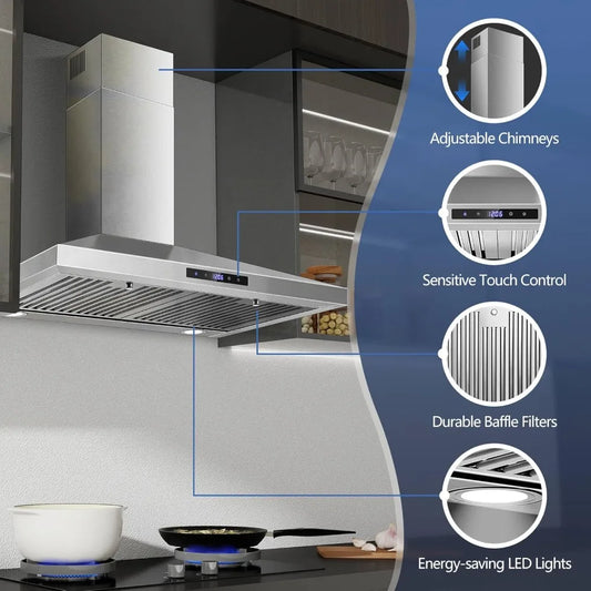 30 Inch Wall Mount Range Hood, Stainless Steel, Touch Control, Ducted/Ductless Convertible, Chimney Style with Baffle Filters
