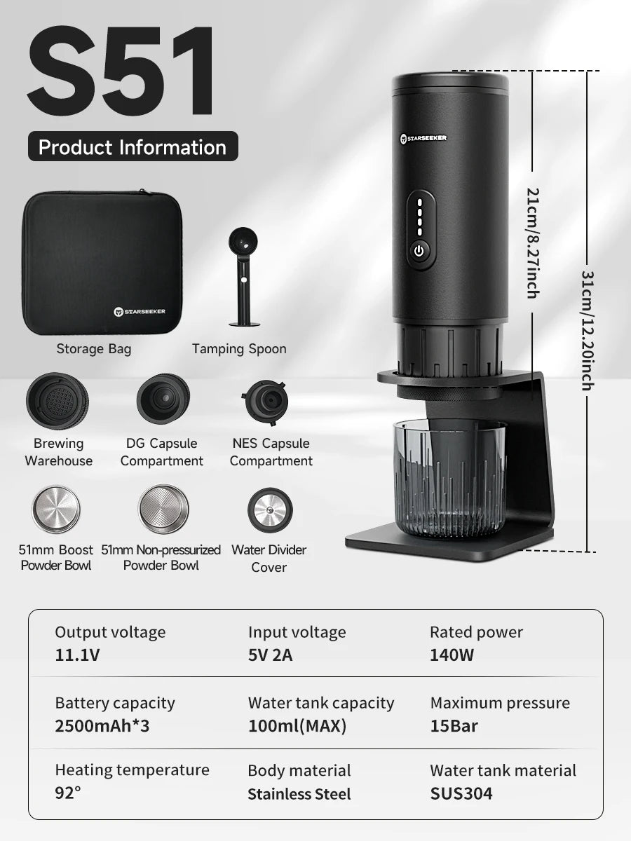 STARSEEKER S51 Portable Coffee Maker Travel Electric Capsule Espresso Machine With USB-C Wireless Heating Bottomless Extraction