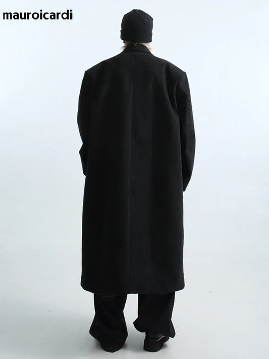 Mauroicardi Autumn Winter Long Oversized Warm Soft Black Trench Coat Men with Shoulder Pads Loose Casual Korean Fashion Overcoat