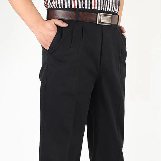 Double Pleated Straight Loose Casual Pants Men Classic Black Trousers High Waist Thick Autumn Cotton Office Suit Pants 42 44 46