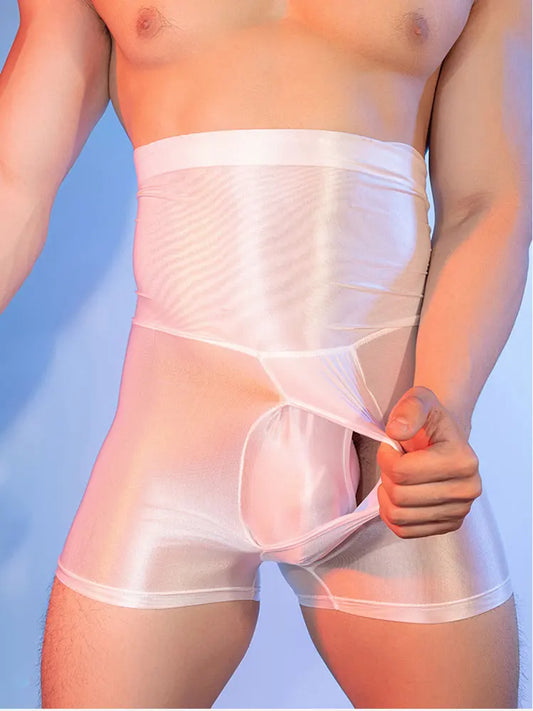 Men's Pants Boxer High Elastic Control Tummy Lift Butt Sexy Shorts U Bulge Pouch Hole Open Oil Shiny Shaper Exotic Man Lingerie