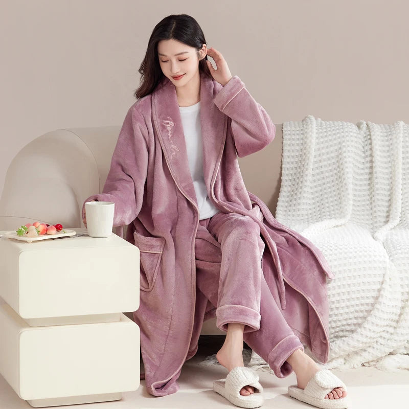 Thiened Long Coral Fce Pajamas Women's Spwear Winter Home Clothes Couple Batobes Men's plus Size Flannel Gown
