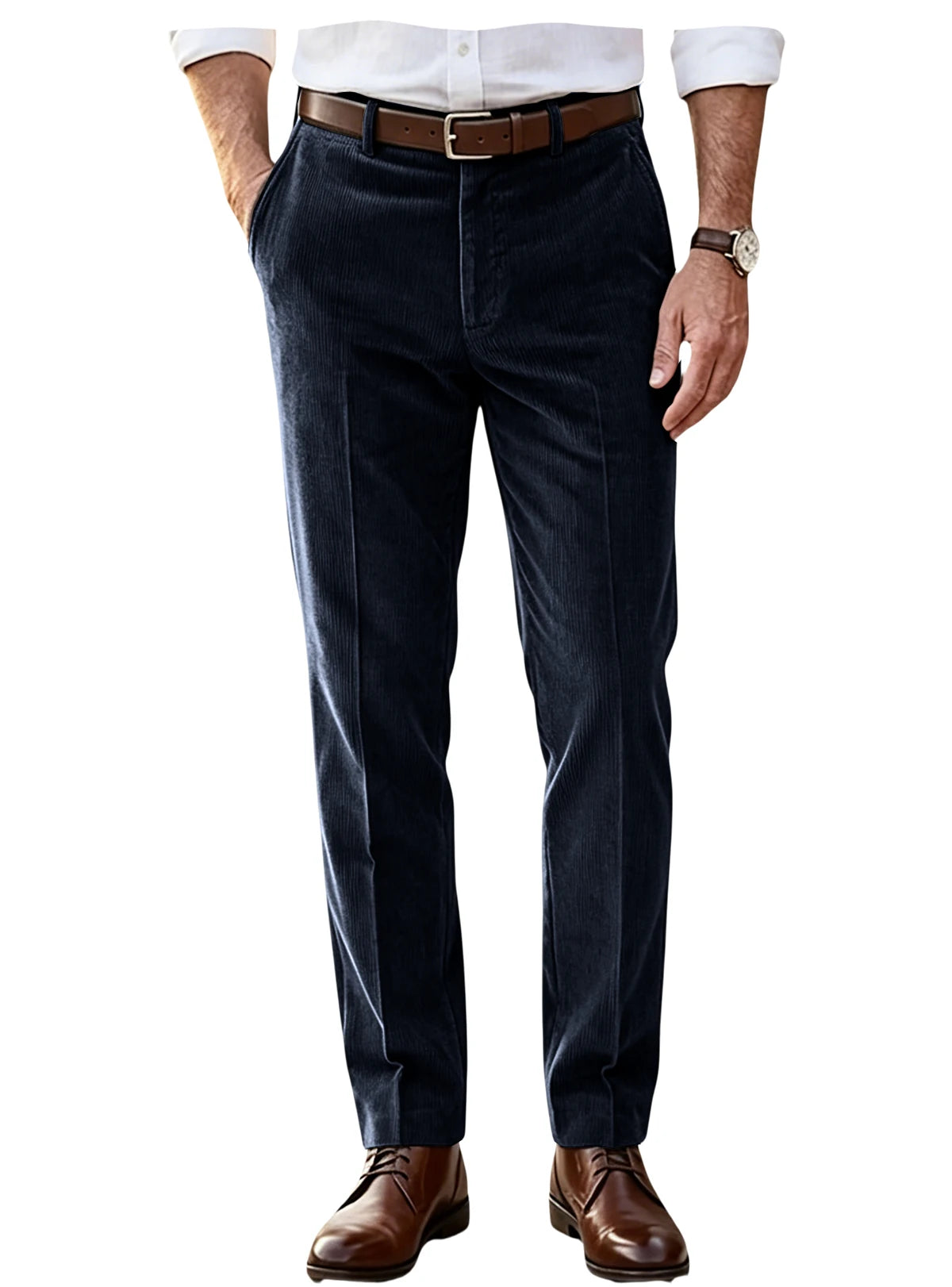 Men's Khaki Corduroy Pants Straight Leg Classic Fit Elastic Waist Comfort Wrinkle Resistant Formal Trousers For Business Office