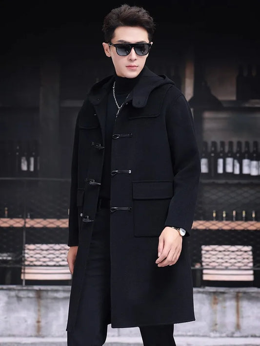 Mens 100% Wool Trench Overcoat Vintage Horn Button Hooded Long Coat Double Faced Sheep Fur Loose Fit Windbreaker Woolen Blends