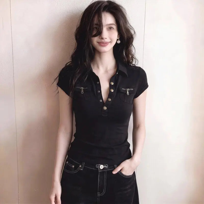 American Retro Collar Short Sleeve T-Shirt Women Summer Slim Fit Waist Cinching Short Length Pocket Top Casual Wear
