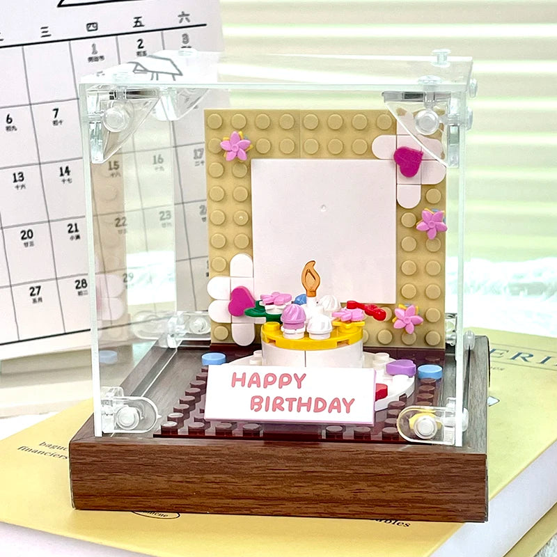 New Creative Building Block Bricks Happy Birthday Cake Blowing Candles Photo Wall Model DIY Assembly Kid Adults Couple Toys Gift