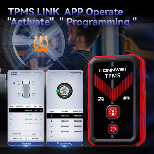 2026 KONNWEI TK100 Car Programable TPMS Sensors OBD Relearn Tool 433MHz315MHz Programing CELL PHONE Tire Pressure Monitor System