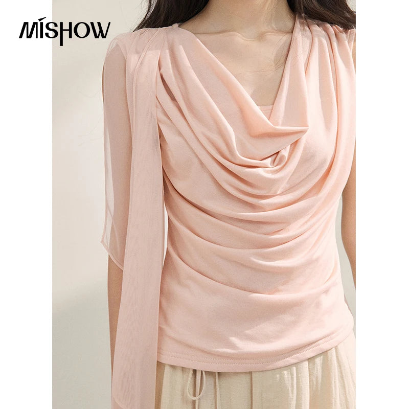 MISHOW Women Draped Cowl Neck Lyocell Knit T-shirt Asymmetrical Chiffon Sash Ruched Tee Casual Slim Fit Summer Tops MXF22T1594