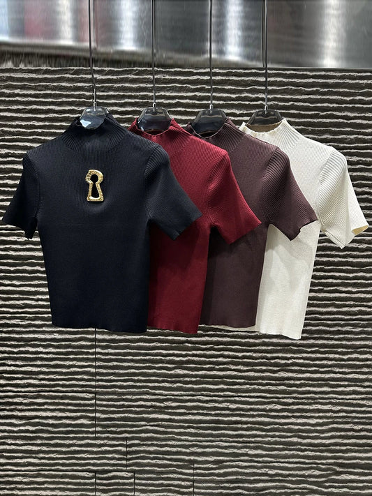 TWOTWINSTYLE Hollow Out Spliced Metal Buckle T Shirts For Women Turtleneck Short Sleeve Minimalist Slimming T Shirt Female 2025