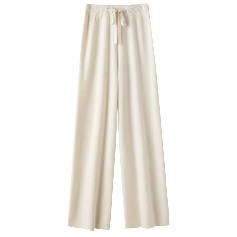 High Waist Wool Knitted Wide Leg Pants Women's Outerwear Autumn Winter Thickened Floor-Length Straight Cut Casual Trousers