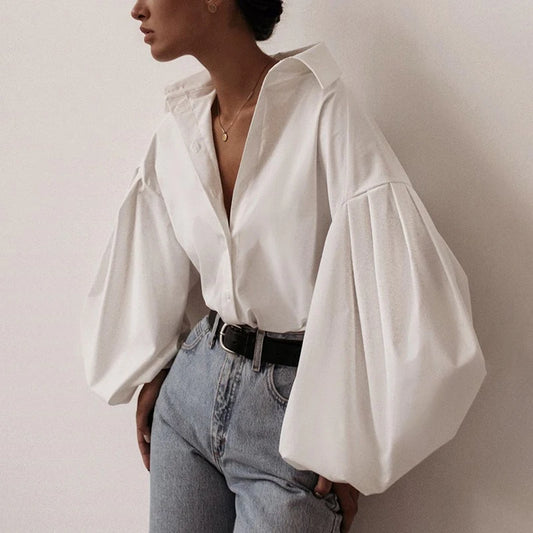 2025 Autumn Lantern Long Sleeve Elegant Blouse Shirt Women Basic Top Casual Turn Down Collar Office Lady White Shirt Tops Blusas
