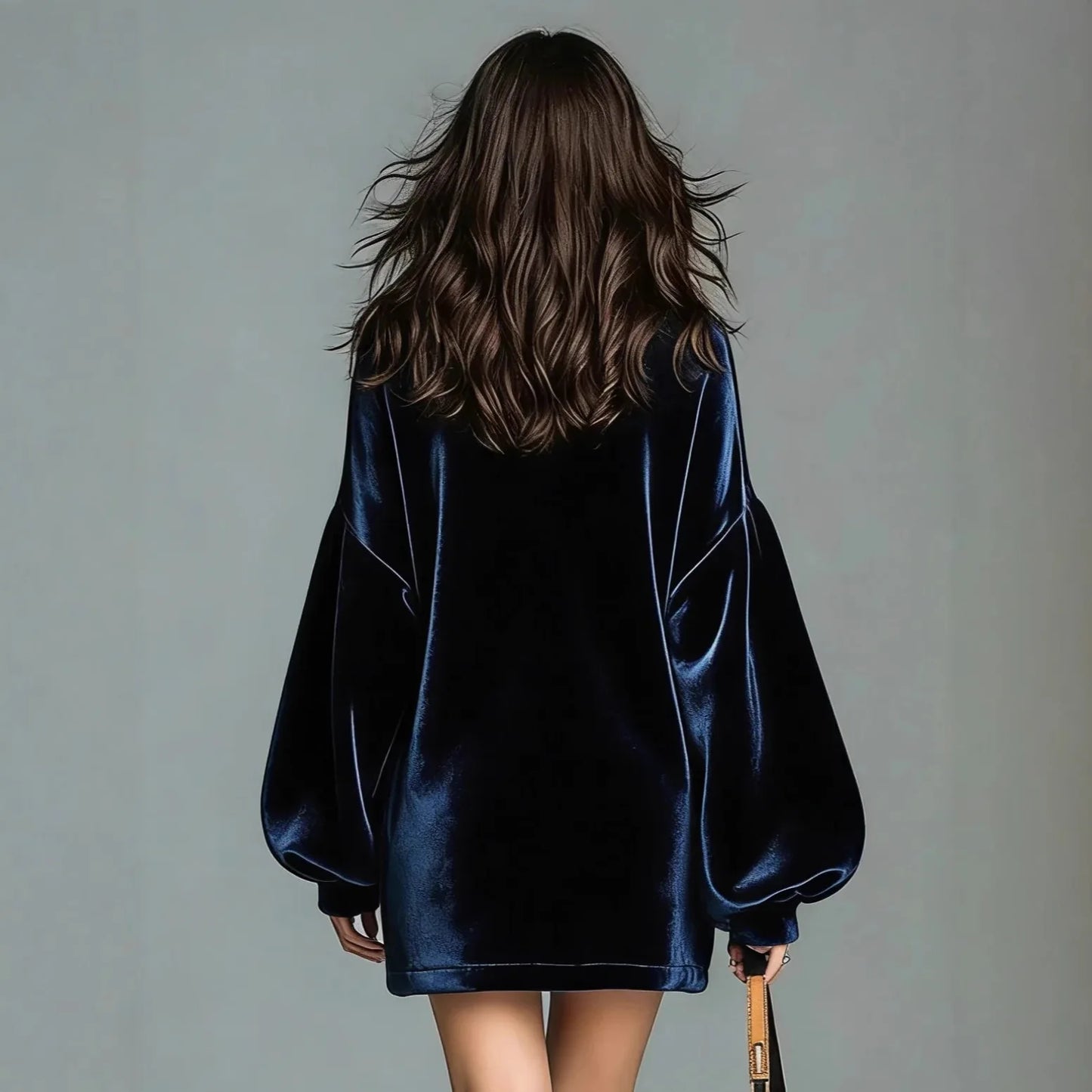 Autumn Women's Velvet Elegant Mini Party Dress Solid High Neck Lantern Sleeve Loose Fashion French Dress Female Chic Dresses