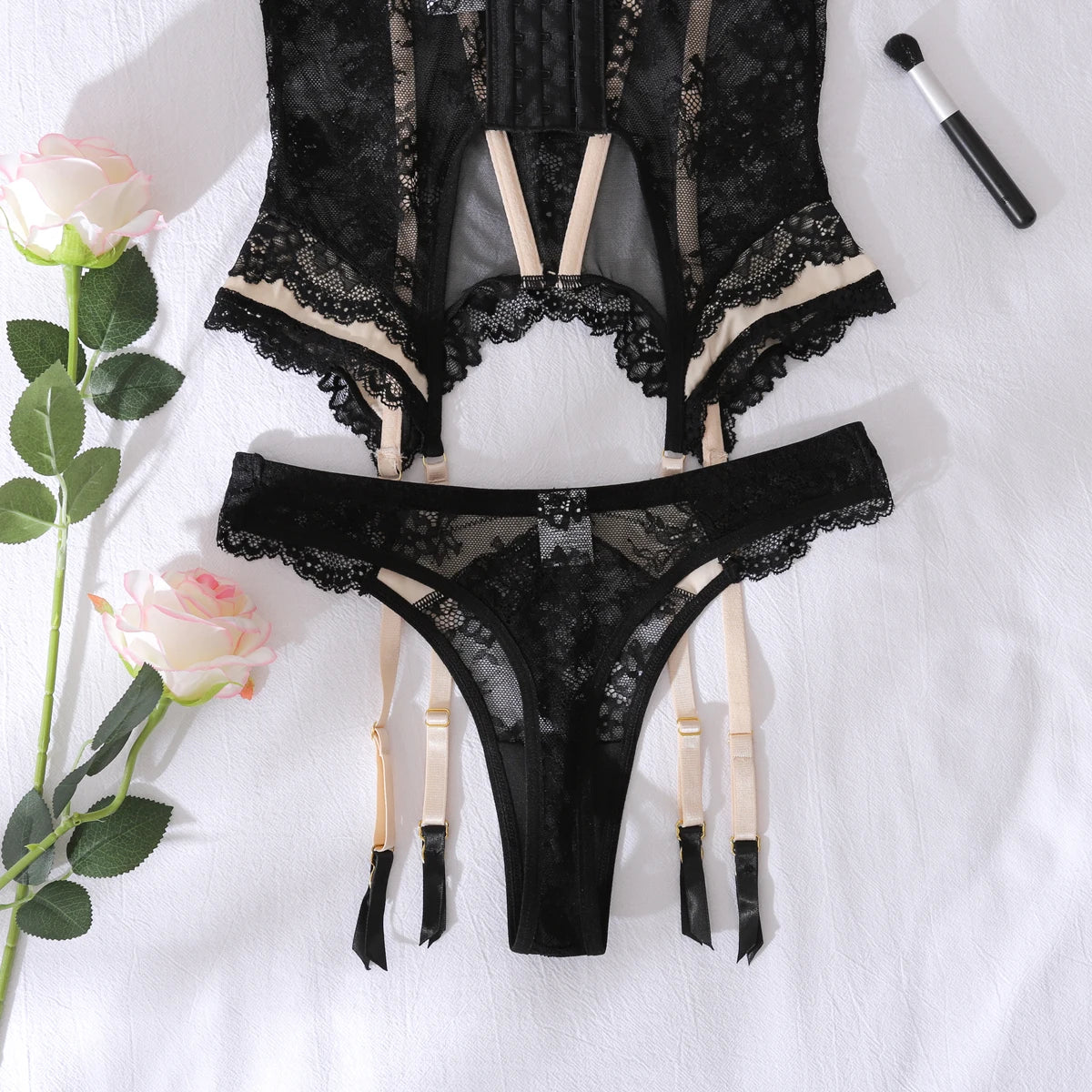2025 Perspective Lace and Lace Fashion Contrast Shape Adjustment Sexy Underwear Two Piece Set