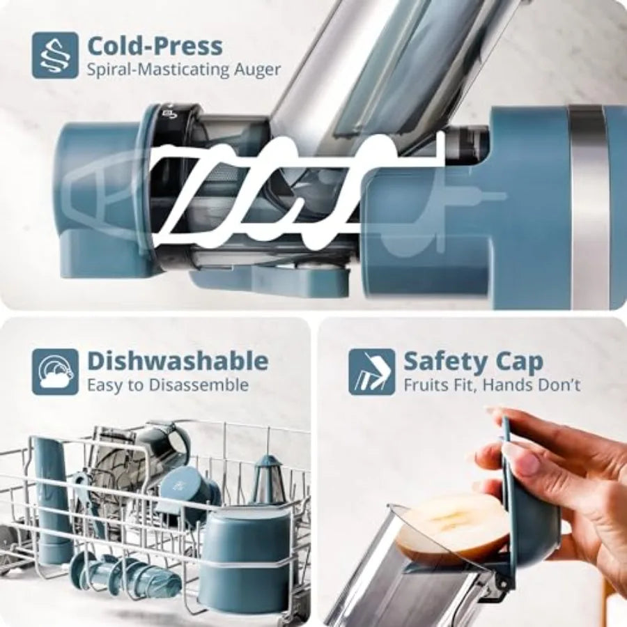 Cold Press Juicer for fruits and vegetables, stone blue slow masticating extractor with quiet motor, high juice yield, easy to