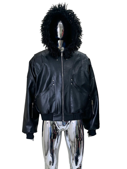 Autumn Winter Cool Short Oversized Thickened Warm Pu Leather Jacket Men with Faux Fur Trim Hood Rivet Luxury Designer Clothes