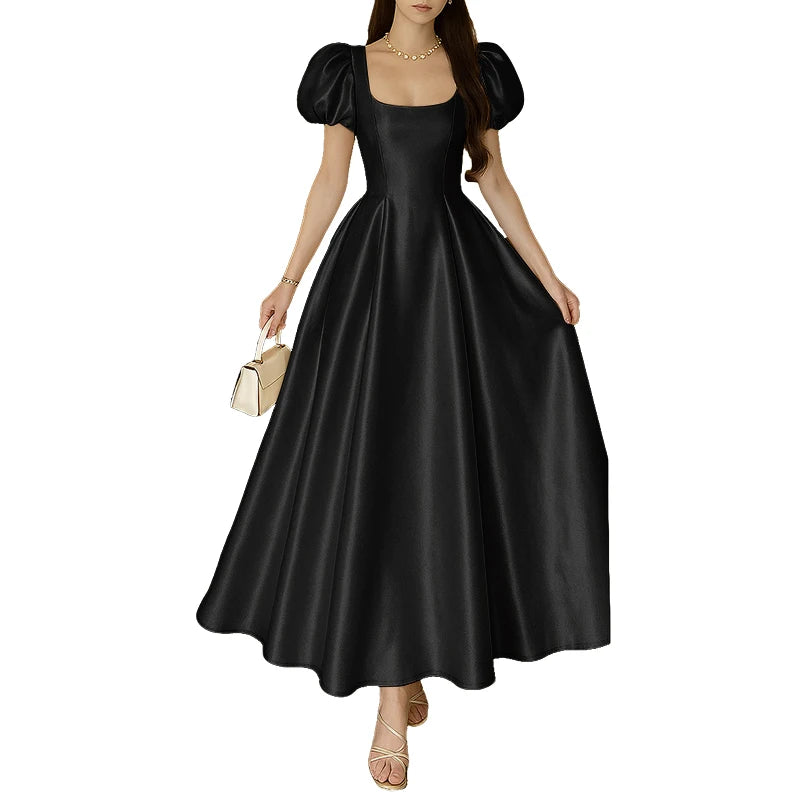 ZANZEA Elegant Chic Women Satin Wedding Guest Party Long Dresses Square Neck Short Puff Sleeve Fitted Waist A-Line Dress S-3XL