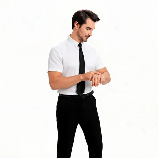 Men's Summer Business Shirt Short Sleeve Stretch Fabric Black Without Pocket Slim Fit Male Social Dress Shirt High Quality 5XL